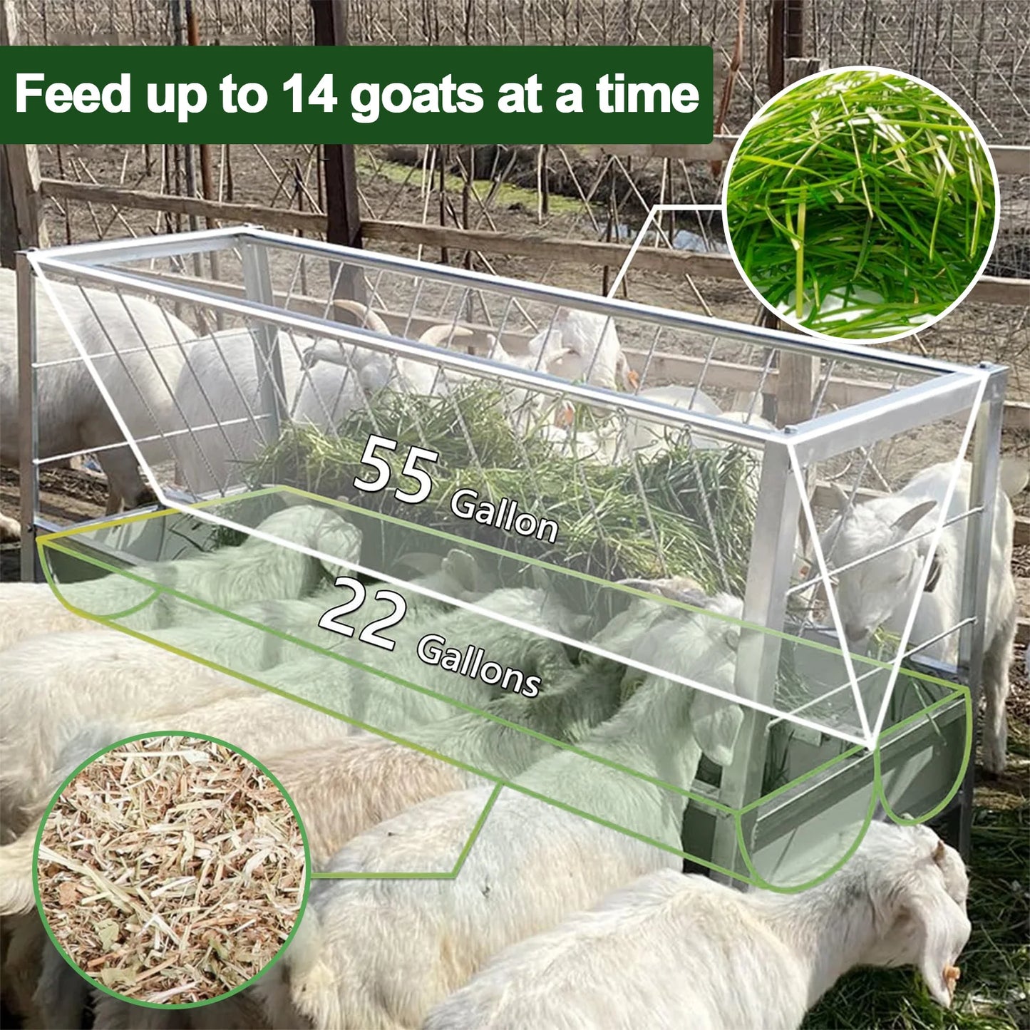 Large Capacity Goat Hay Feeder, Heavy Duty Metal Livestock Feed Trough with Deeper Pan for Sheep Sheds Farm Indoor Outdoor