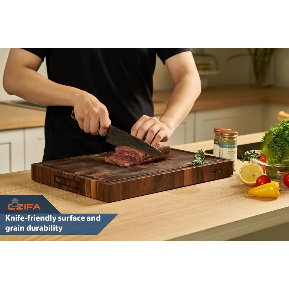 Large Thick American Black Walnut Wood Cutting Board 20x15x2 with Juice Groove and Inner Handles for Kitchen