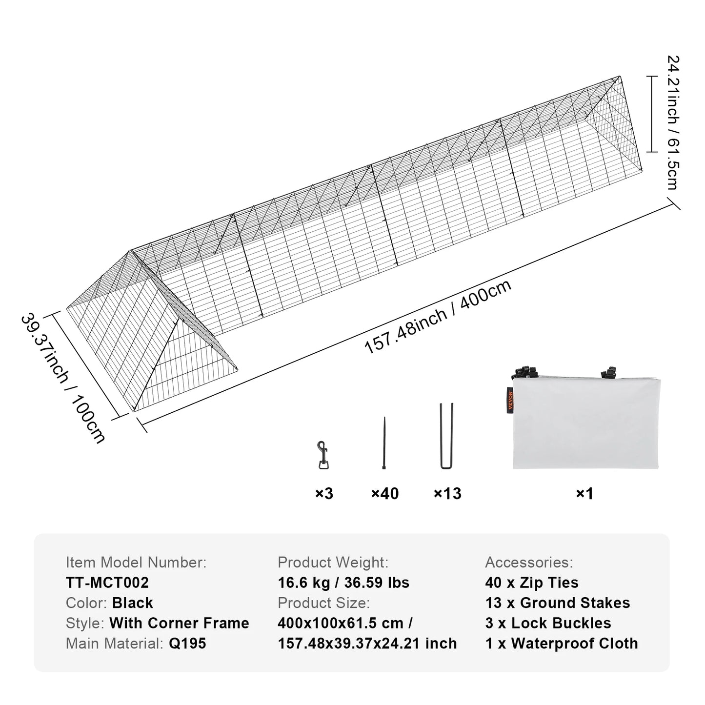 Chicken Tunnels 157.5 x 39.4 x 24.2 in Chicken Tunnels for Yard Portable Chicken Tunnels for Outside Corner Frames