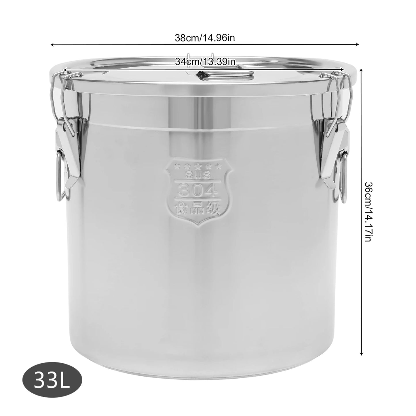 6/12/21/33L Stainless Steel Storage Bucket With Lids and 3 Sturdy Locking Clamp Storing Various Dry/Wet Items