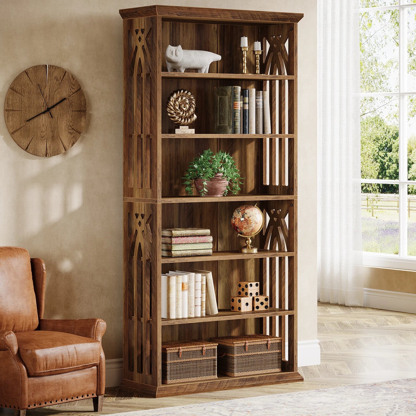 6-Tier Bookshelf, 75-Inch Tall Bookcase, Large Bookshelves and Bookcases Freestanding Display Shelves, Wood Bookshelf