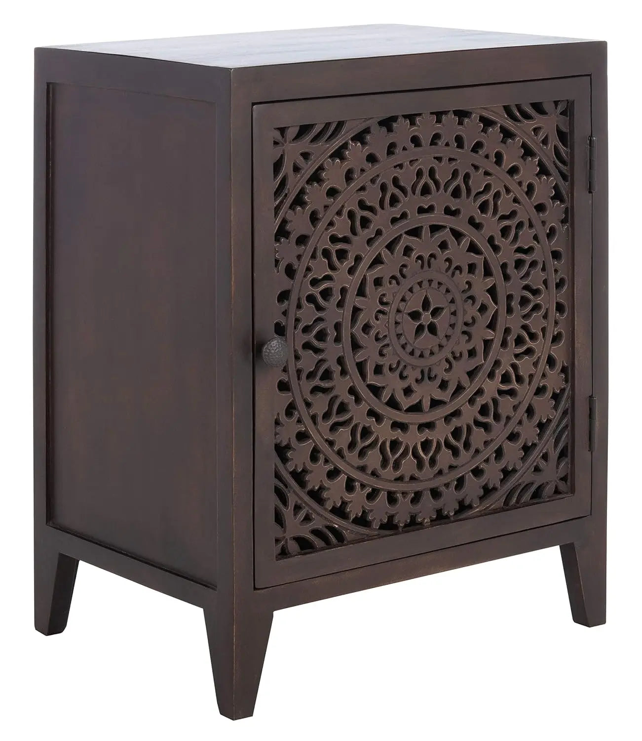 Carved Mango Wood Single Door Nightstand Brown Artisan Bedroom Side Table, Customized