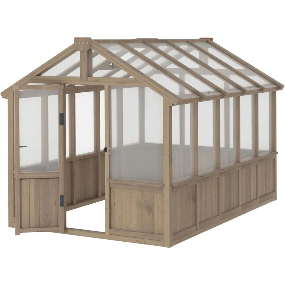 6' x10' Wood Greenhouse for Outdoors with Lockable Door, Cedar Frame & Adjustable Vent, Wooden Green House with 6MM Thick Polyc