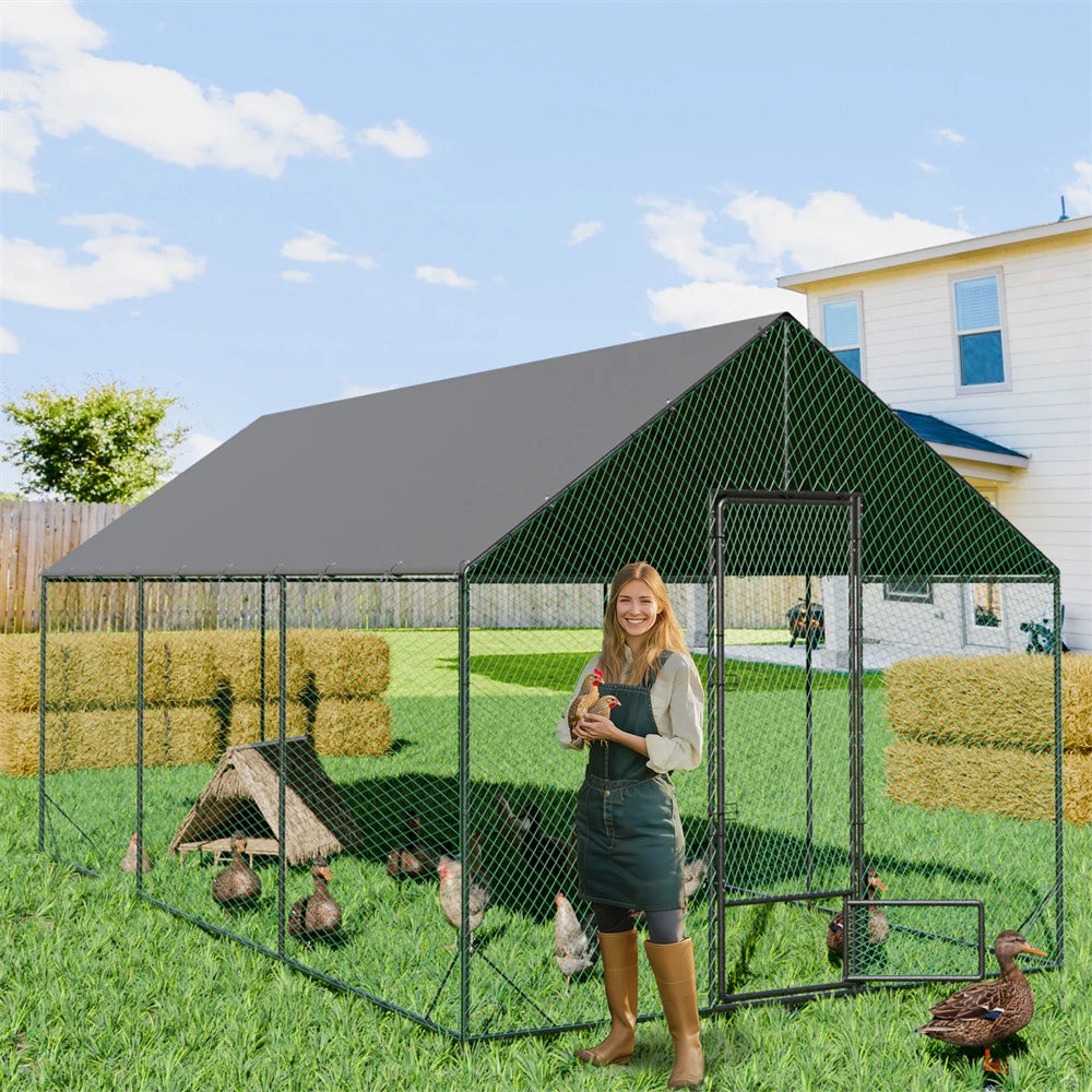 Large Walk-in Chicken Coop Walk-in Poultry Chicken Run Nylon Netting Metal Tubes Poultry Enclosure with Waterproof Anti-UV Cover and Security Door, Ideal for Rabbit, Duck, Backyard and Farm Yard