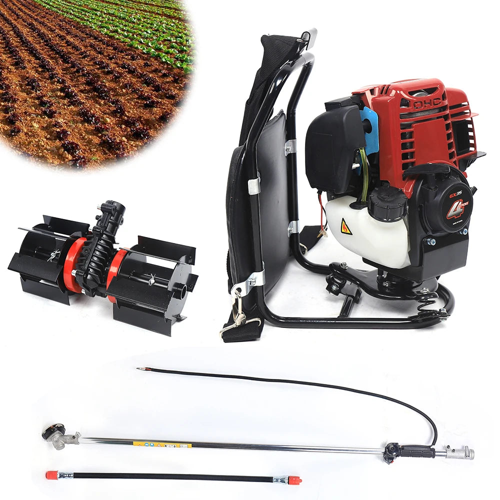 4-Stroke 35.4CC 1.4HP Cultivator Tiller 3 in 1 Backpack Lawn Mower with Single-Cylinder Air-Cooled Four-Stroke Gasoline Engine