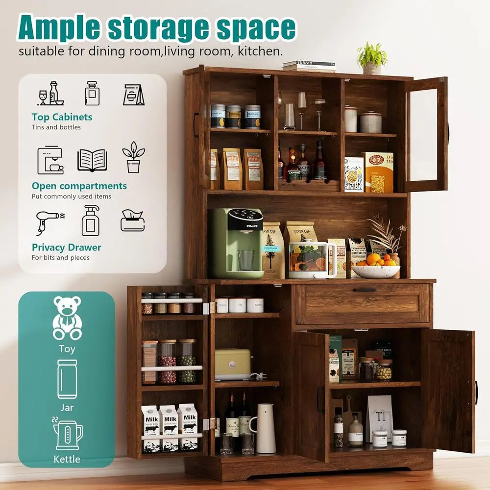 Kitchen Pantry Storage Cabinet with Hutch and Microwave Stand, Coffee Bar Hutch with Shelves for Dining Room, Brown
