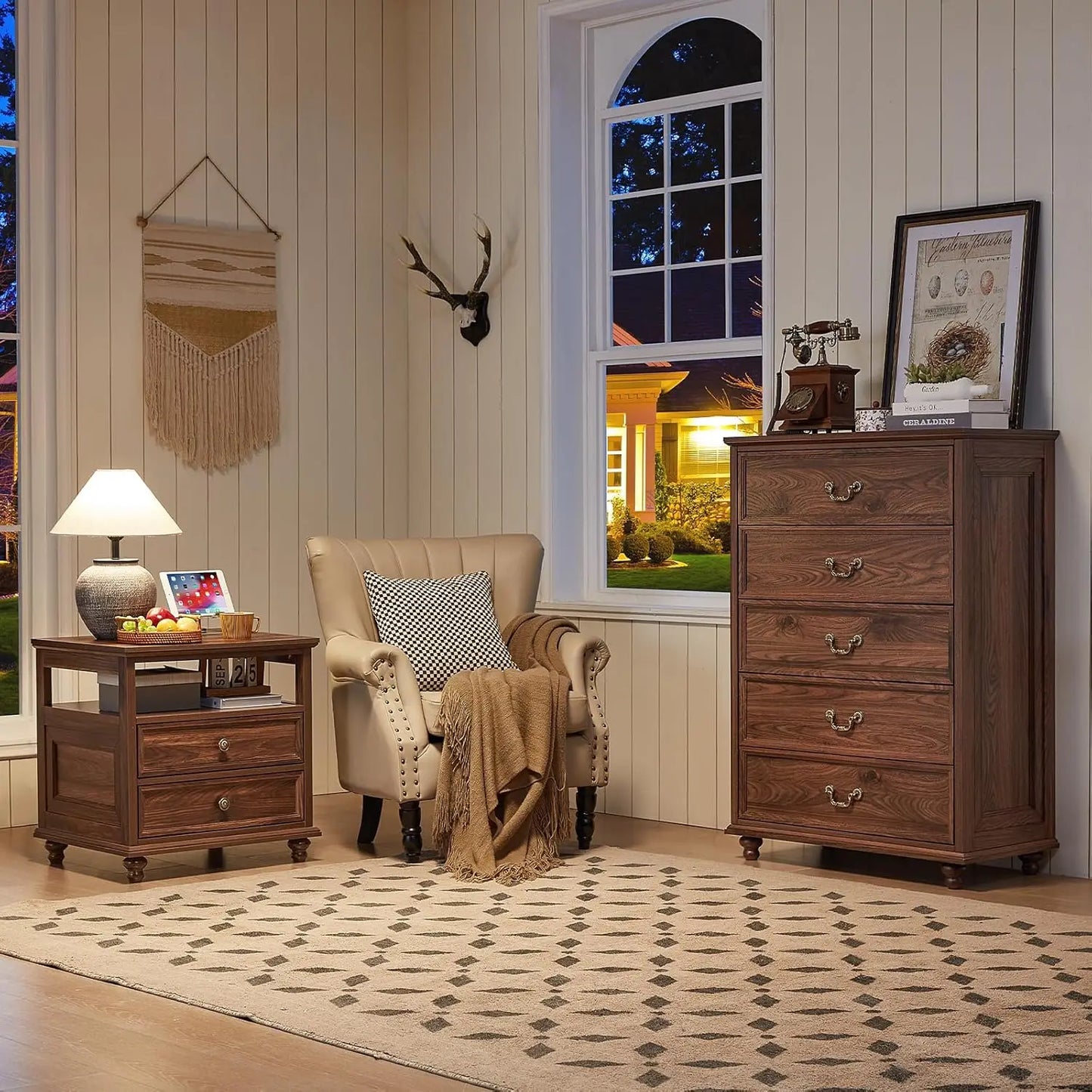 Farmhouse 5 Drawer Dresser for Bedroom, 45" Tall Rustic Chests of Drawers w/ 4 Solid Wood Feet, Mid Century Modern, Customized