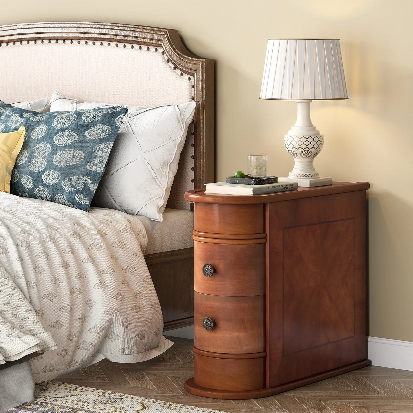 End Table Round Solid Wood Sofa Bedside Narrow Bedroom Side Table Nightstand with Drawer