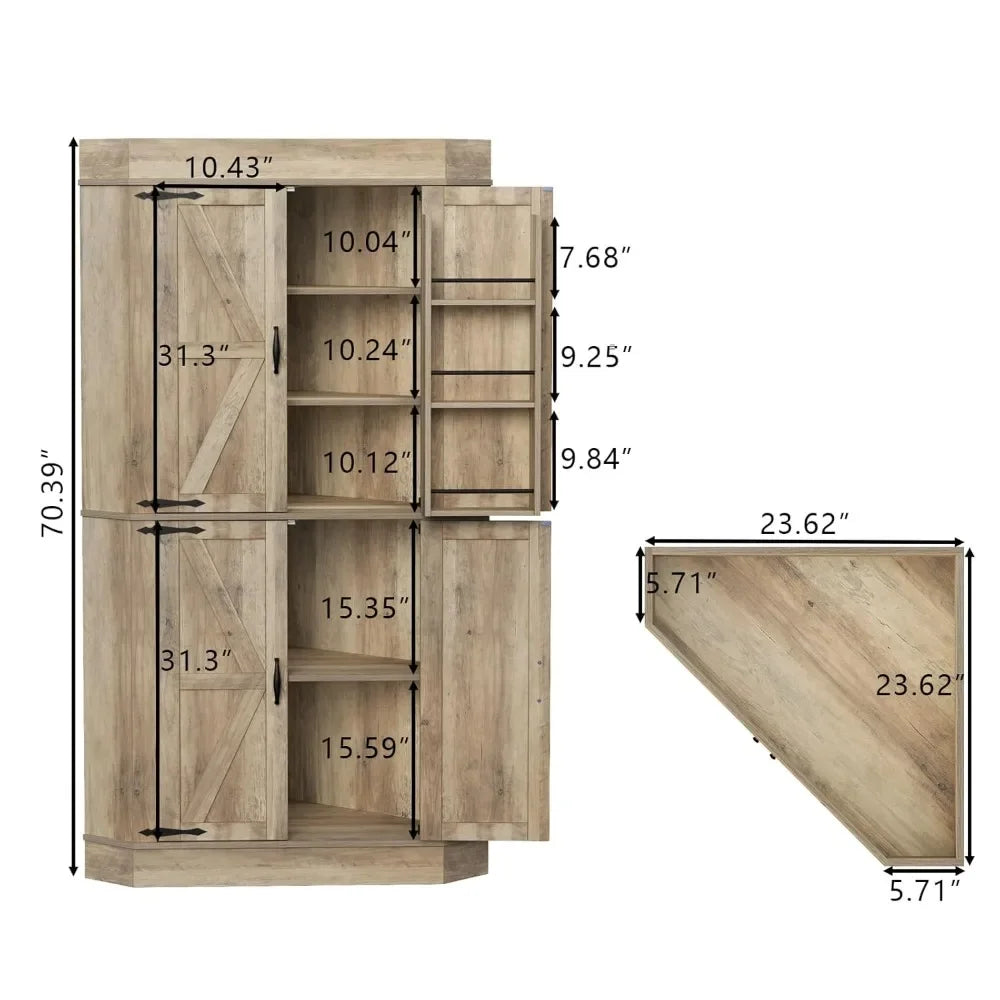 Corner Cabinet, Kitchen Pantry Storage Cabinet, Freestanding Buffet Hutch with 4 Doors and Shelves, Tall Food Pantry Farmhouse