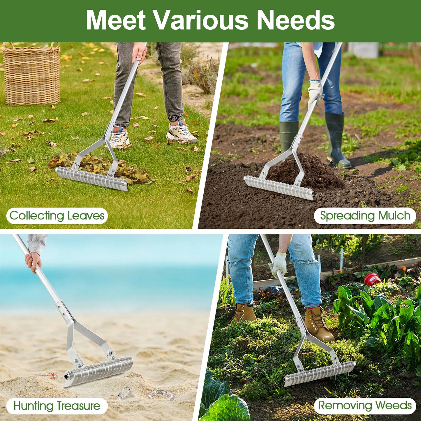 70" Garden Thatch Rake with Long Handle & 19 Curved Tines