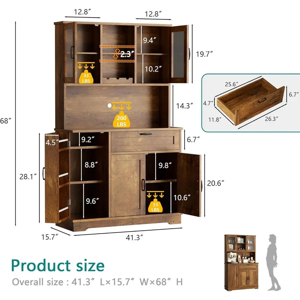 Kitchen Pantry Storage Cabinet with Hutch and Microwave Stand, Coffee Bar Hutch with Shelves for Dining Room, Brown