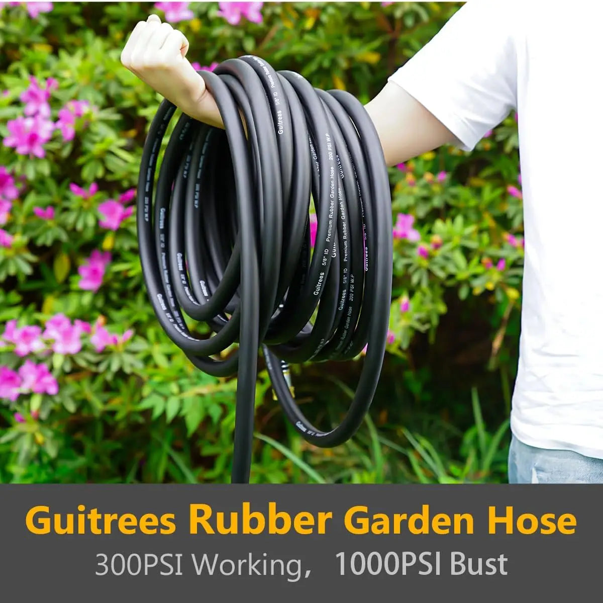 50FT 5/8 Heavy Duty Rubber Garden Hose, 300psi Working, Hot/Cold Water, Durable for Gardening & Construction