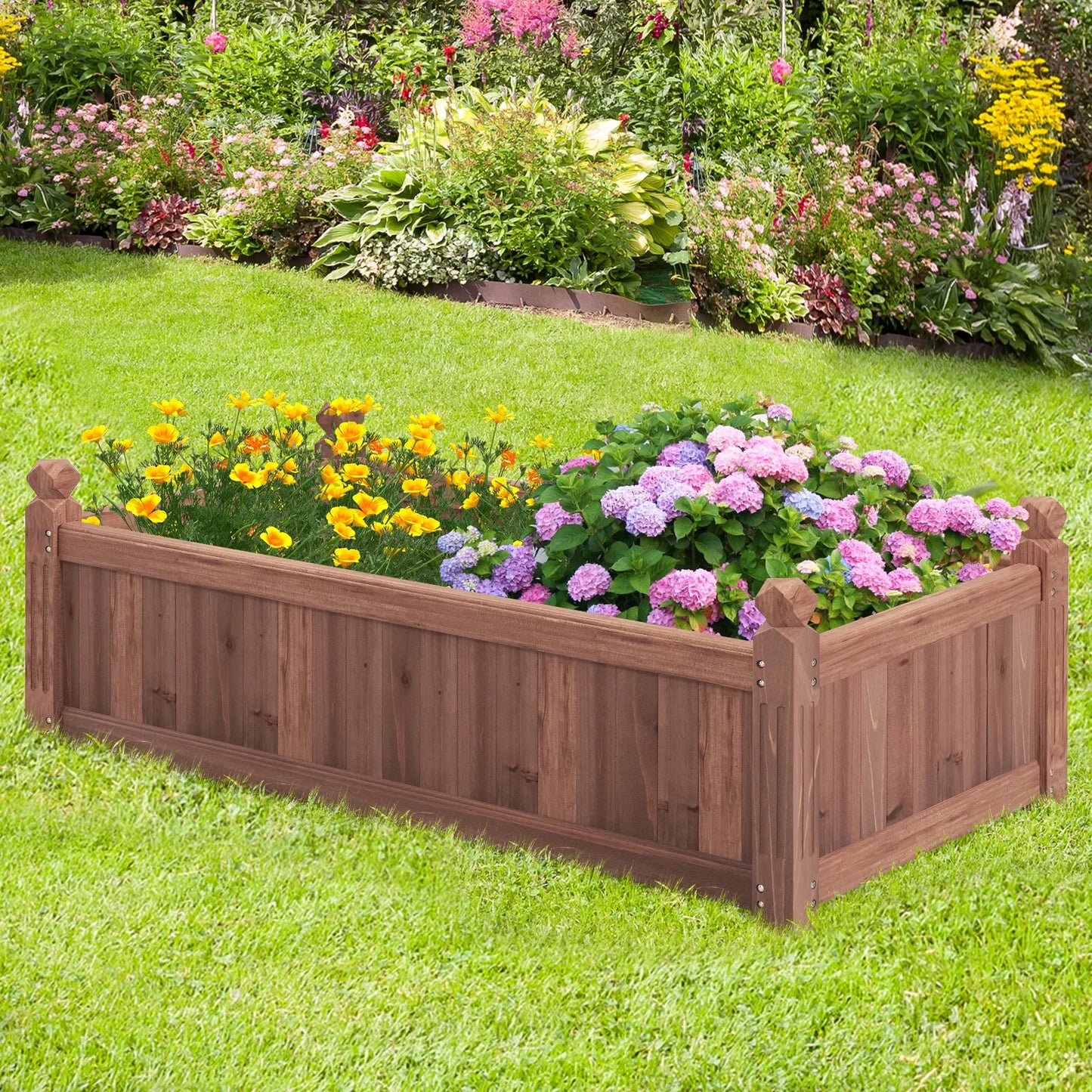 Wooden Raised Garden Bed Outdoor Rectangular Planter Box w/ Drainage Corners