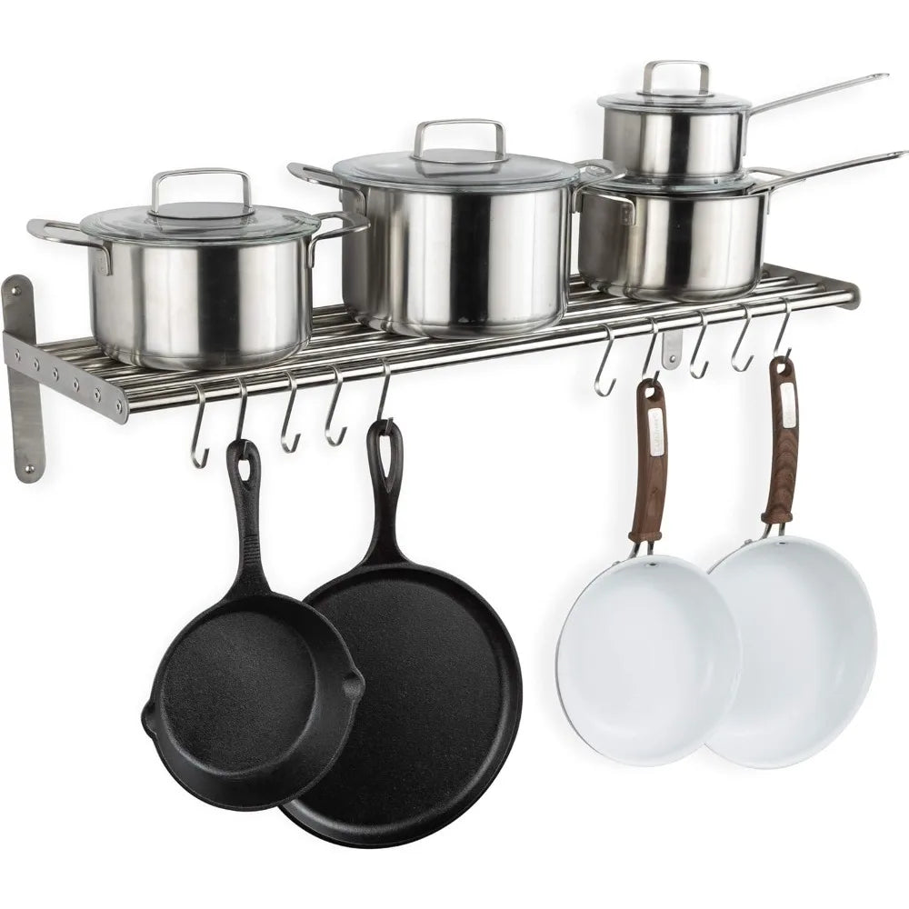 Kitchen Organization and Storage Rack, StainlSteel Metal Wall Shelf with 10 S Hooks for Hanging Pots and Pans, Chrome