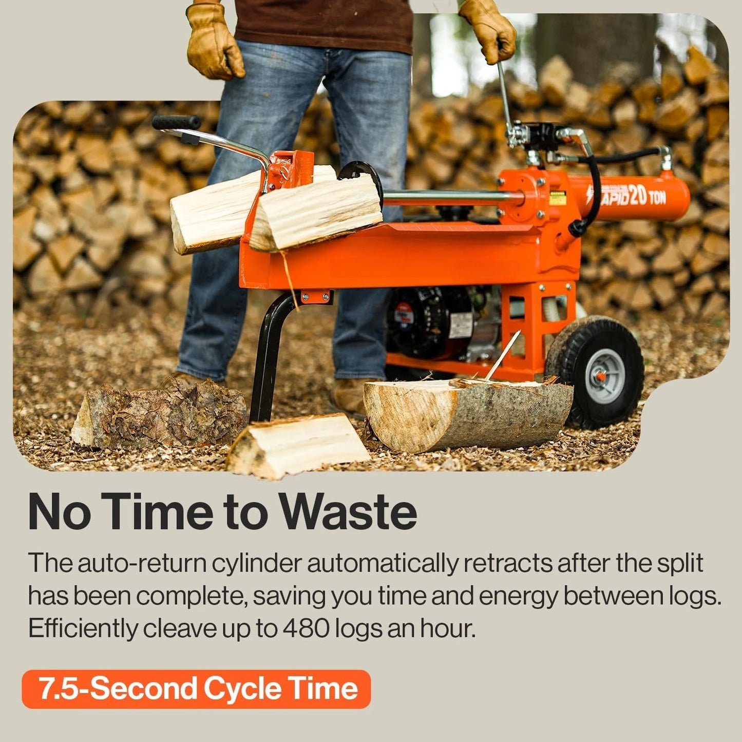 Log Splitter Portable 20 Ton Rapid Auto Return Ram System Gear Pump 7HP Engine Horizontal Full Beam Steel