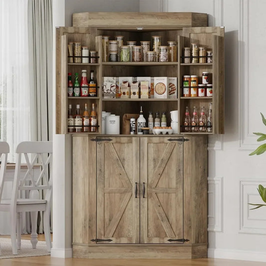 Corner Cabinet, Kitchen Pantry Storage Cabinet, Freestanding Buffet Hutch with 4 Doors and Shelves, Tall Food Pantry Farmhouse