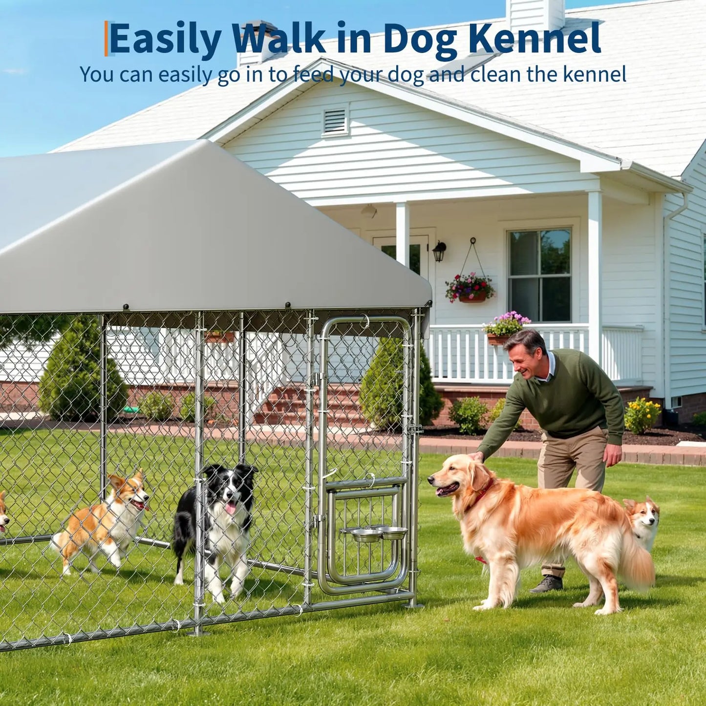 Heavy Duty 7.5x7.5x6.6 FT Outdoor Dog Kennel With Roof Cover, Lockable Feeding Door Dog Run For Large Dogs