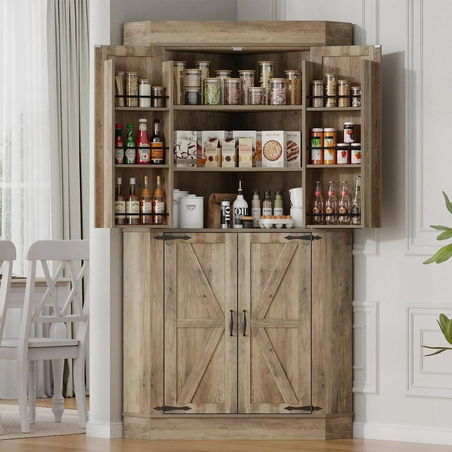 Corner Cabinet, Kitchen Pantry Storage Cabinet, Freestanding Buffet Hutch with 4 Doors and Shelves, Tall Food Pantry Farmhouse