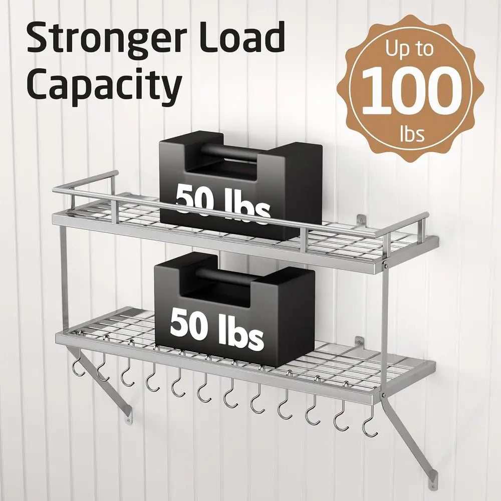 30-Inch Silver Gray Pot Rack Wall Mounted, 100 Lbs Capacity | 2-Tier, Hanging Pot and Pan Organizer with 12 Sturdy Hooks, Kitche
