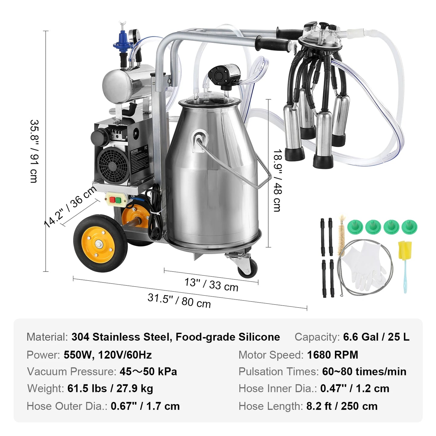 Electric Cow Milking Machine 6.6 Gal /25 L 304 Stainless Steel Bucket Automatic Pulsation Vacuum Milker Portable Milker