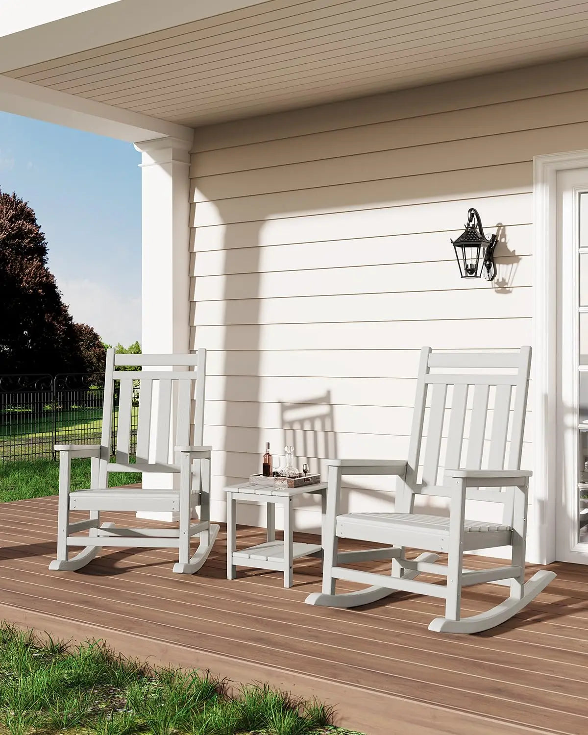HDPE High Back Rocking Chair Set Outdoor Patio Porch All Weather Resistant w/ Side Table 2 Pcs, Customized