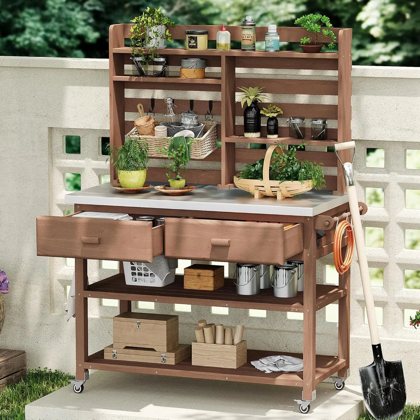 64.9"H Outdoor Potting Bench Table, Outdoor Wood Workstation Table with Lockable Wheels, Stainless Steel Top, Towel, Customized