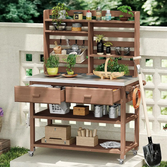 64.9"H Outdoor Potting Bench Table, Outdoor Wood Workstation Table with Lockable Wheels, Stainless Steel Top, Towel, Customized