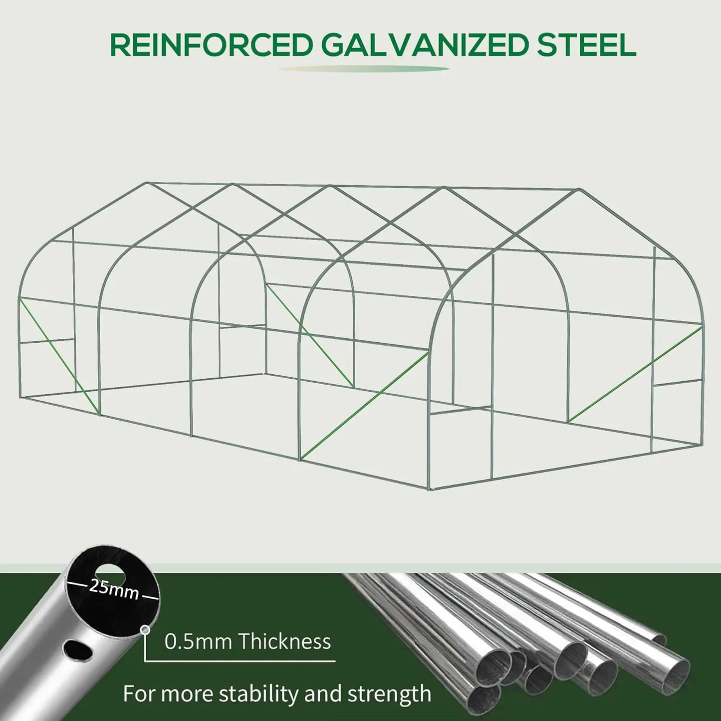 20x10x7ft Walk-in Greenhouse Tunnel w/ Zippered Mesh Door & 6 Windows Galvanized Steel Frame Garden Plant Hot House, Customized