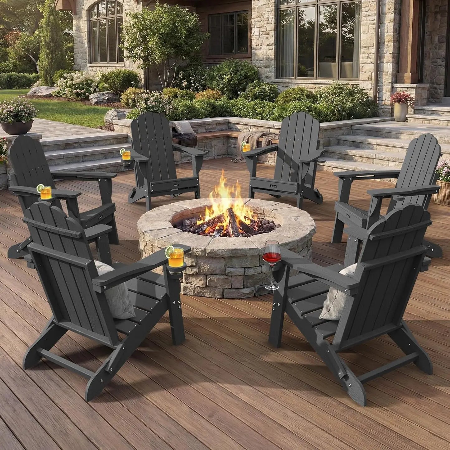 Adirondack Chairs Set of 6, Fire Pit Chairs, Wood Texture Patio Chairs with 2 Cup Holder, Outdoor Lawn Chair, Teak, Customized