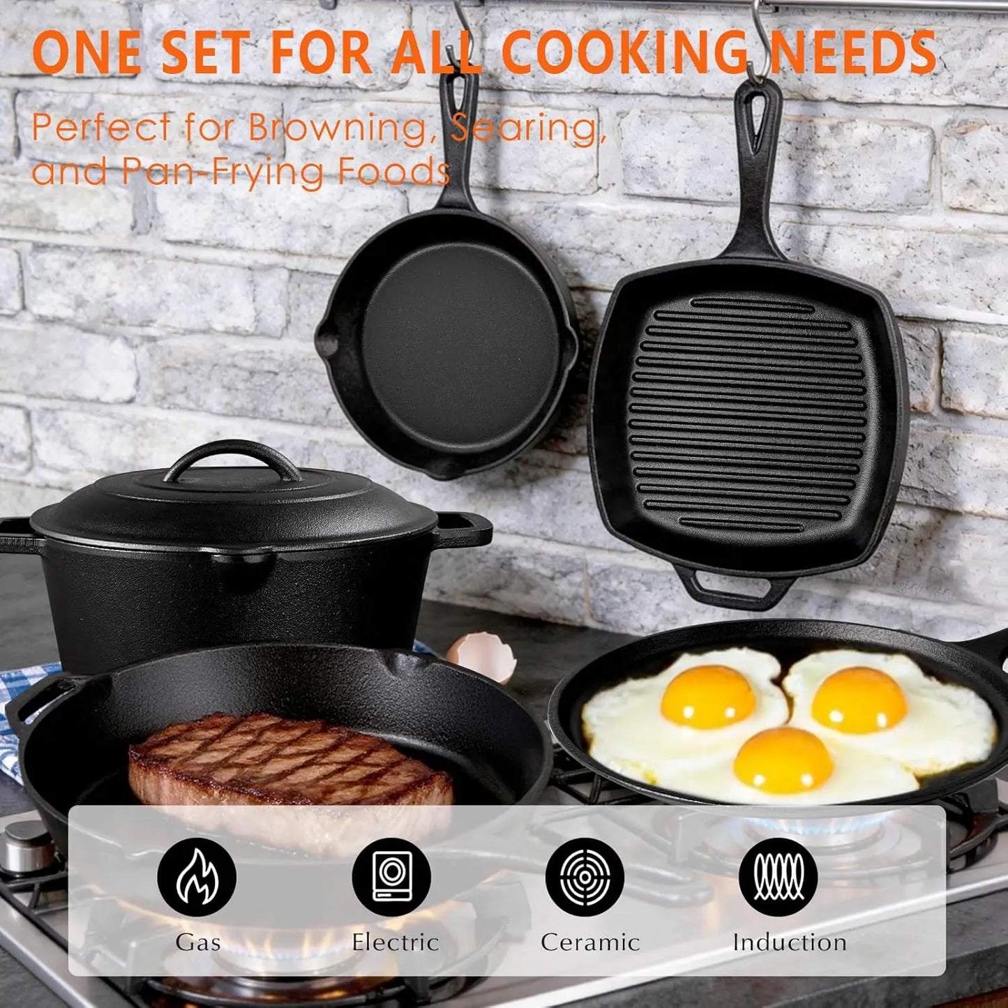 6 Piece Pre-Seasoned Cast Iron Cookware Set – Incl. 5QT Dutch Oven with Lid, 8'' and 10.25'' Cast Iron Skillets, 10.5'' Round Gr