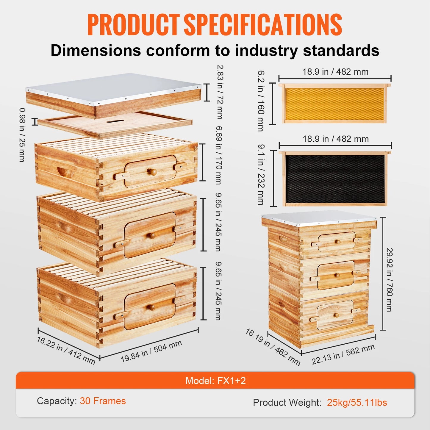Bee Hive Deep Box Starter Kit 100% Beeswax Coated Natural Cedar Wood Langstroth Beehive Kit Transparent Acrylic
