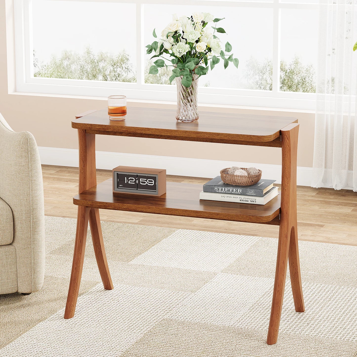 Walnut Side Table for Living Room, Narrow End Table with 2-Tier Storage Shelf and Solid Wood Legs, Slim Bedside Table