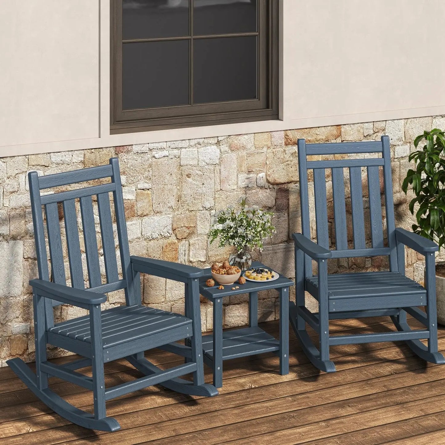 HDPE High Back Rocking Chair Set Outdoor Patio Porch All Weather Resistant w/ Side Table 2 Pcs, Customized