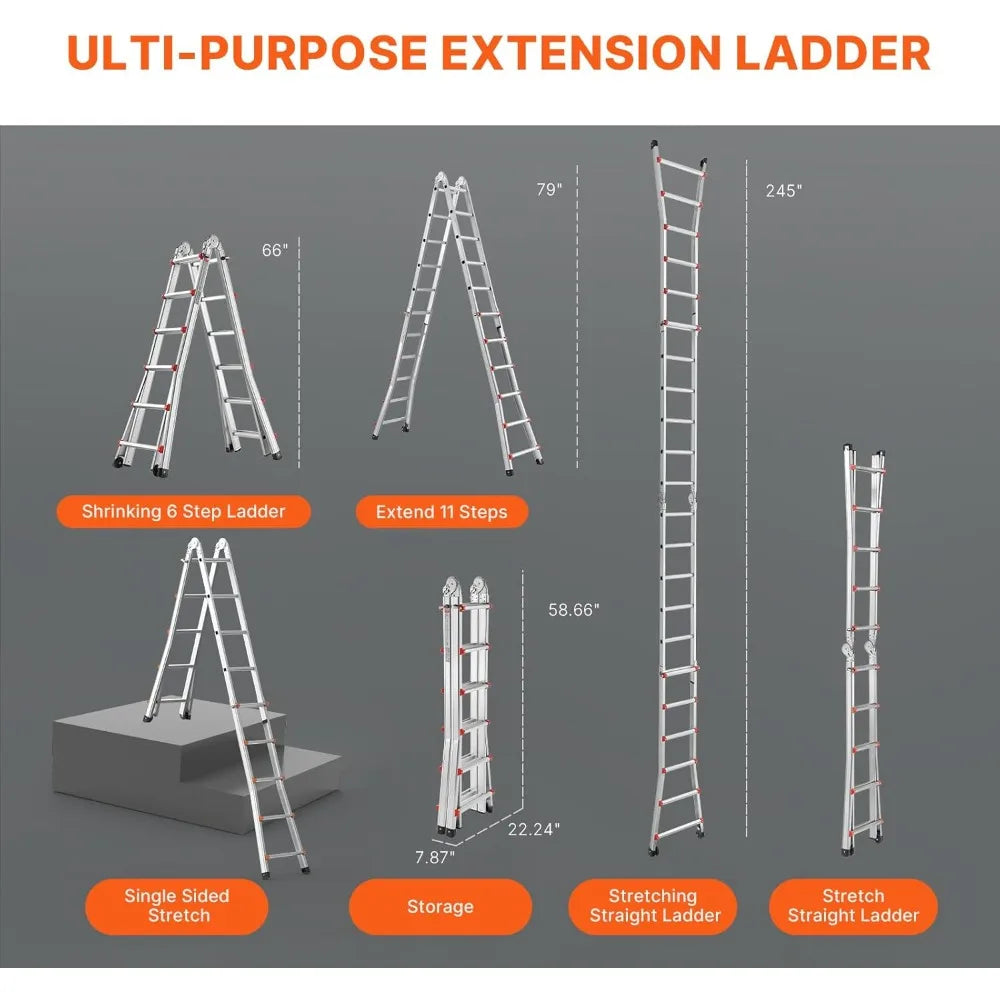 Telescoping A Frame Ladder, 20.5 FT Compact Aluminum Extension, Multi-Function Portable Collapsible RV, for Homework Stair
