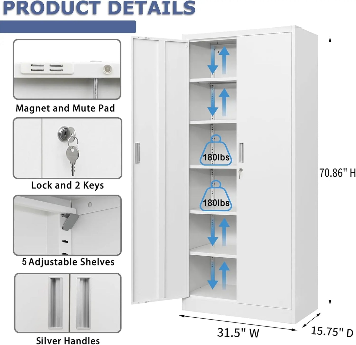 Metal Storage Cabinet, 71”H Locking Storage Cabinet with 5 Adjustable Shelves, Steel Cabinets for Garage, Pantry (White)