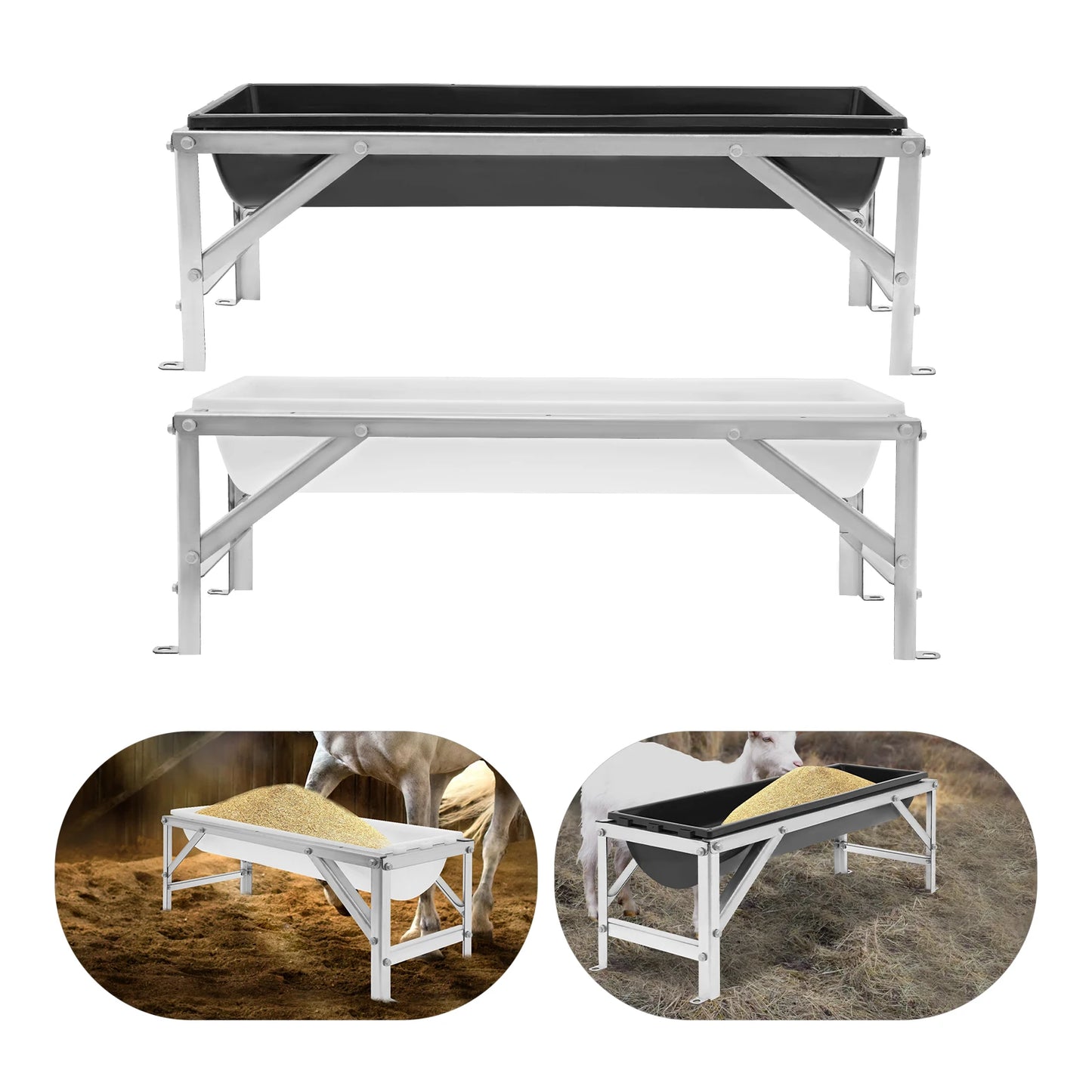 35L Livestock Feed Trough 100x30x18cm Cows Sheep Feeder with Stand Large Capacity Feeding Tool for Farms, Yards, Sheep Barns, etc White/Black