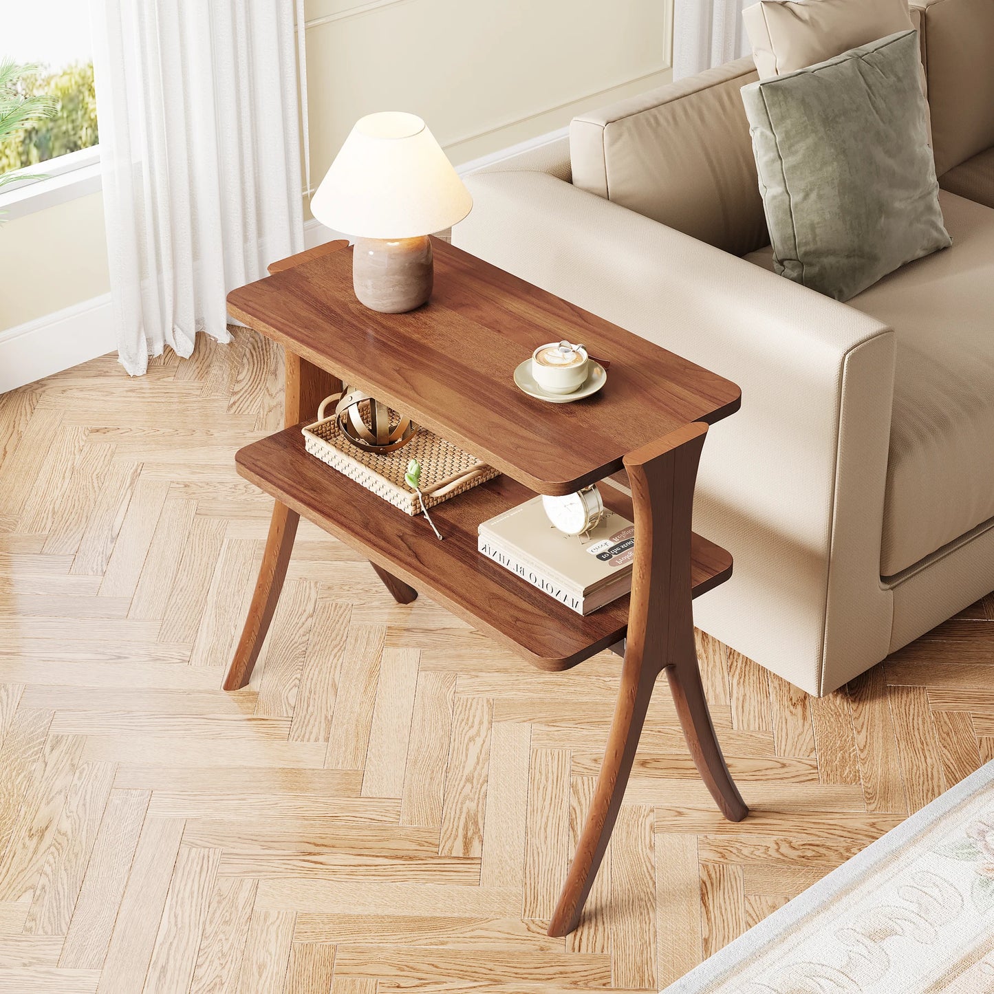 Walnut Side Table for Living Room, Narrow End Table with 2-Tier Storage Shelf and Solid Wood Legs, Slim Bedside Table