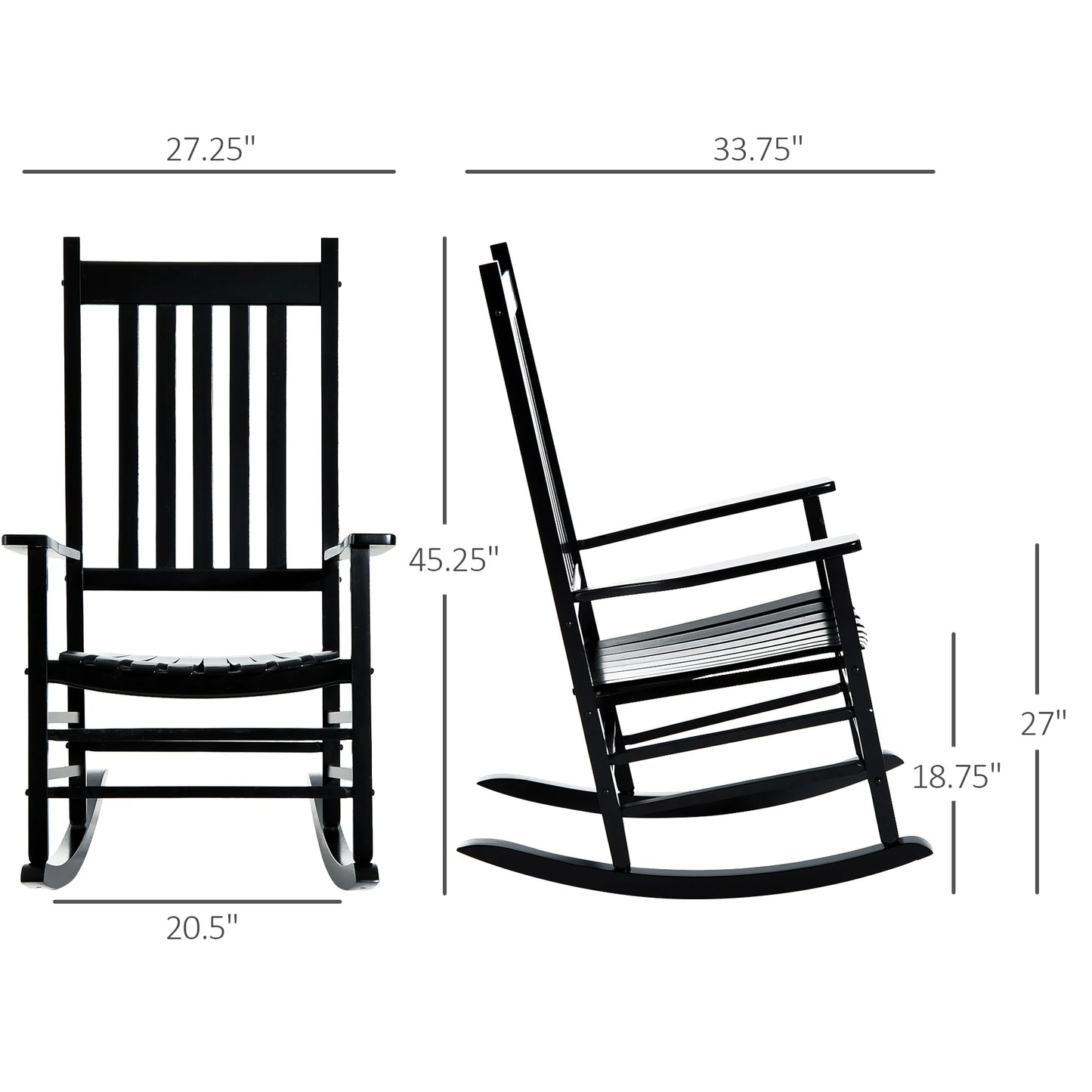 Outdoor Rocking Chair, Wooden Rustic High Back All Weather Rocker, Slatted for Indoor, Backyard & Patio, Black