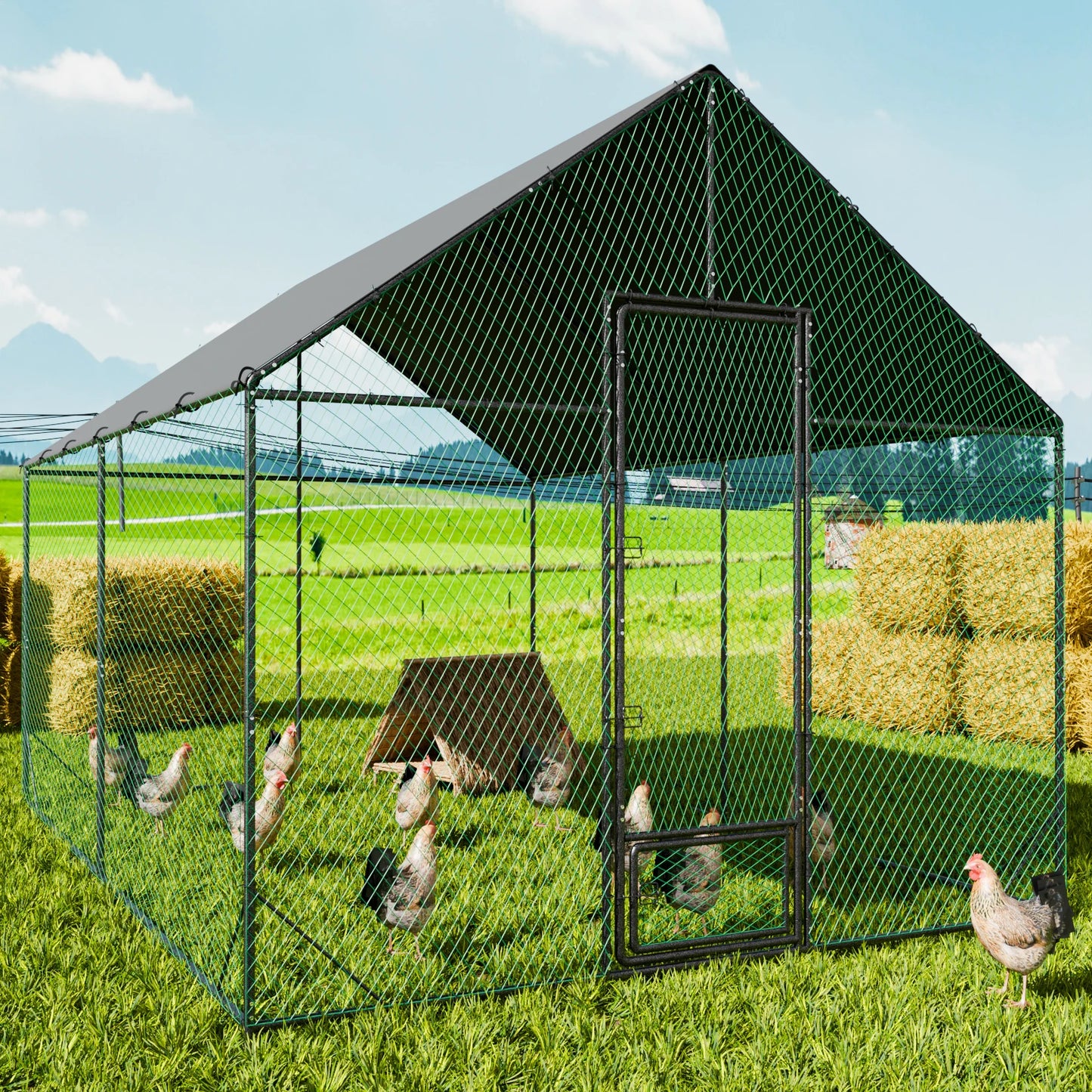 Large Walk-in Chicken Coop Walk-in Poultry Chicken Run Nylon Netting Metal Tubes Poultry Enclosure with Waterproof Anti-UV Cover and Security Door, Ideal for Rabbit, Duck, Backyard and Farm Yard