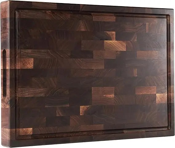 Large Thick American Black Walnut Wood Cutting Board 20x15x2 with Juice Groove and Inner Handles for Kitchen