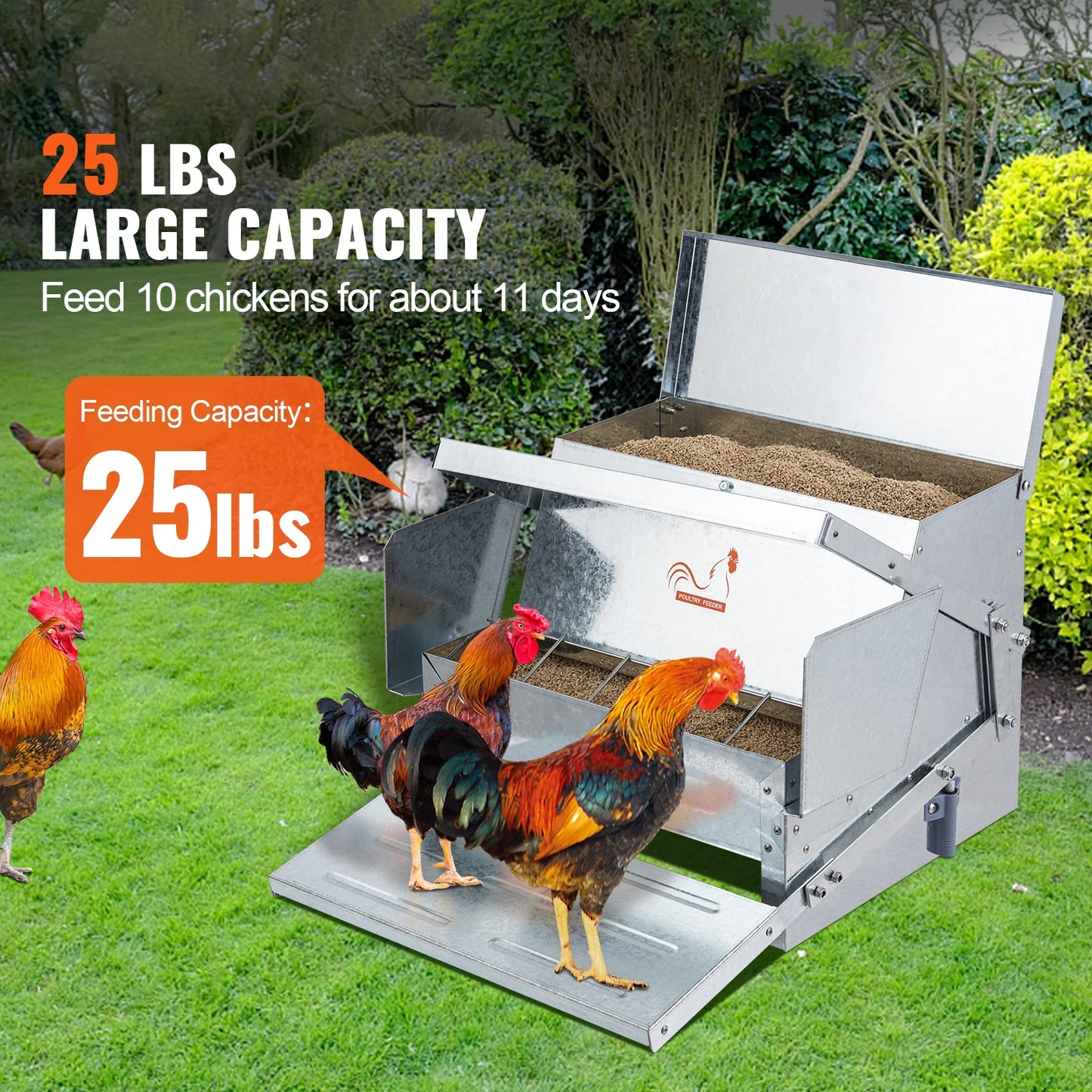 Automatic Chicken Feeder 25 lbs Capacity Feeds 10 Chickens up to 11 Days Galvanized Steel Poultry Feeder