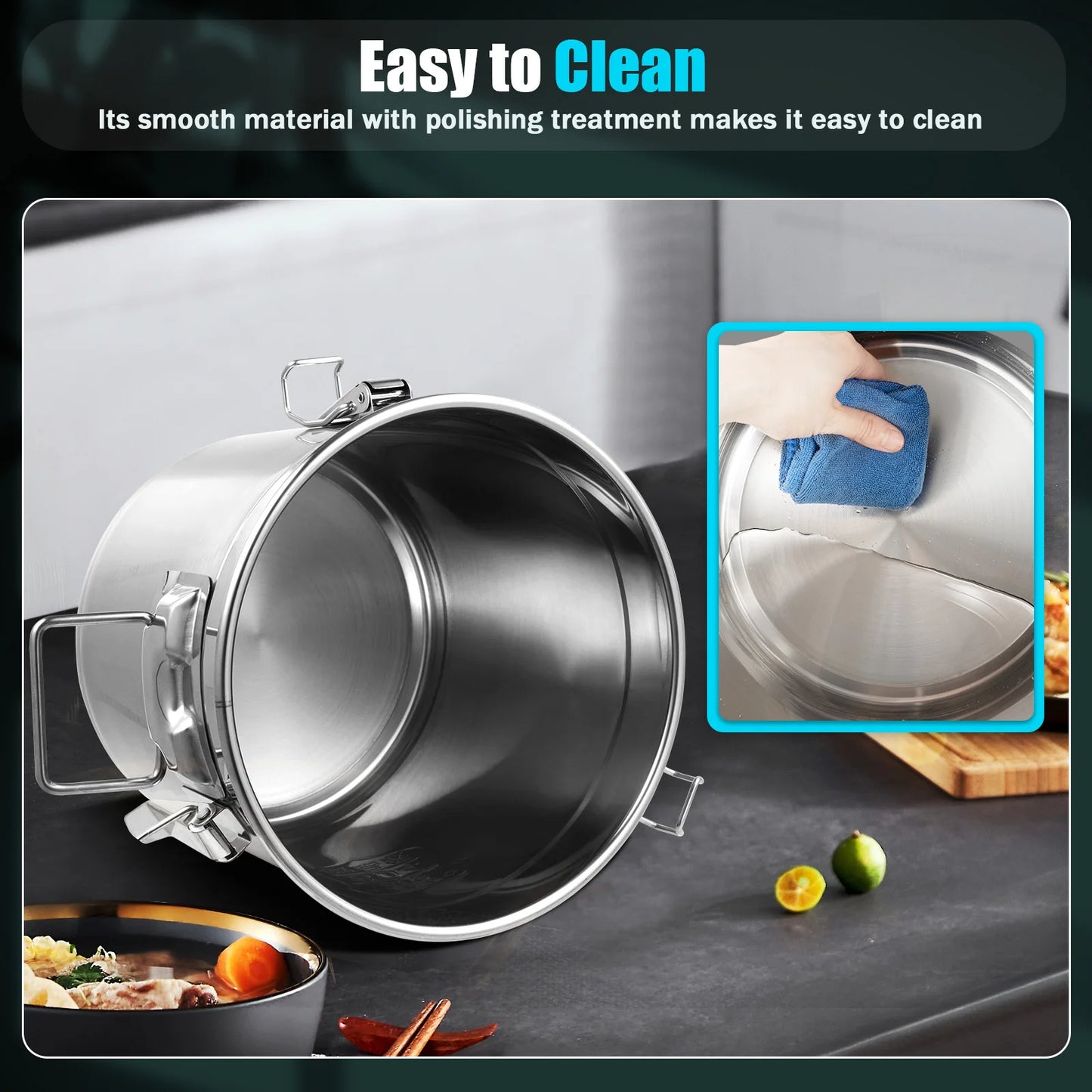 6/12/21/33L Stainless Steel Storage Bucket With Lids and 3 Sturdy Locking Clamp Storing Various Dry/Wet Items