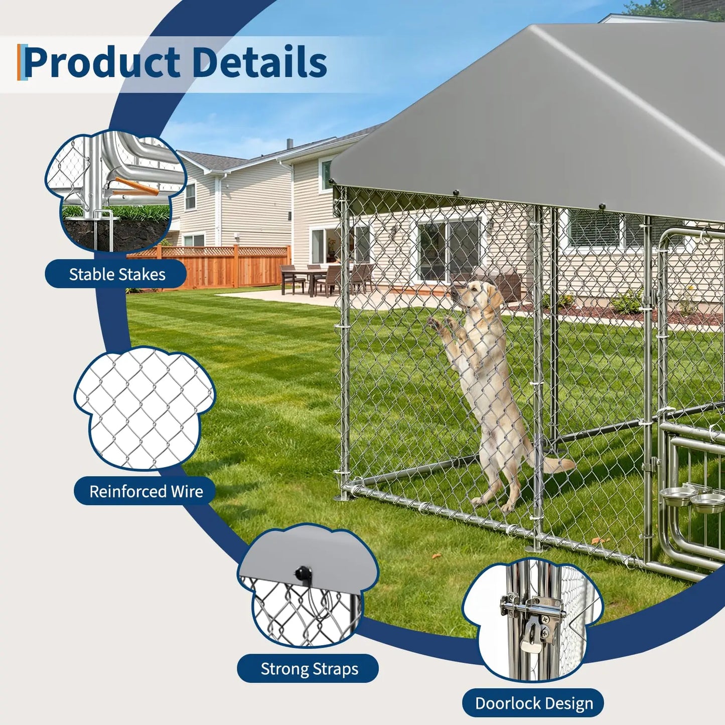 Heavy Duty 7.5x7.5x6.6 FT Outdoor Dog Kennel With Roof Cover, Lockable Feeding Door Dog Run For Large Dogs