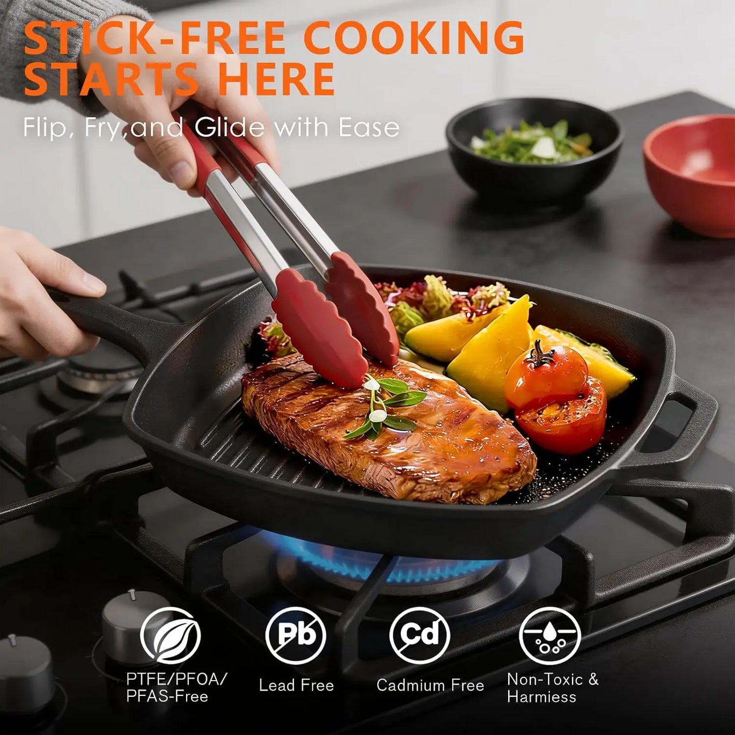6 Piece Pre-Seasoned Cast Iron Cookware Set – Incl. 5QT Dutch Oven with Lid, 8'' and 10.25'' Cast Iron Skillets, 10.5'' Round Gr