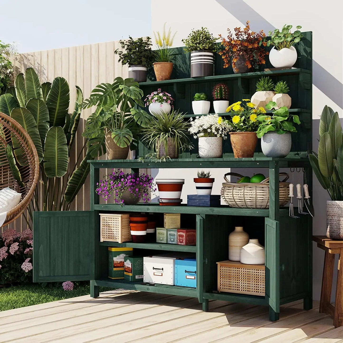 64.9"H Outdoor Potting Bench Table, Outdoor Wood Workstation Table with Lockable Wheels, Stainless Steel Top, Towel, Customized