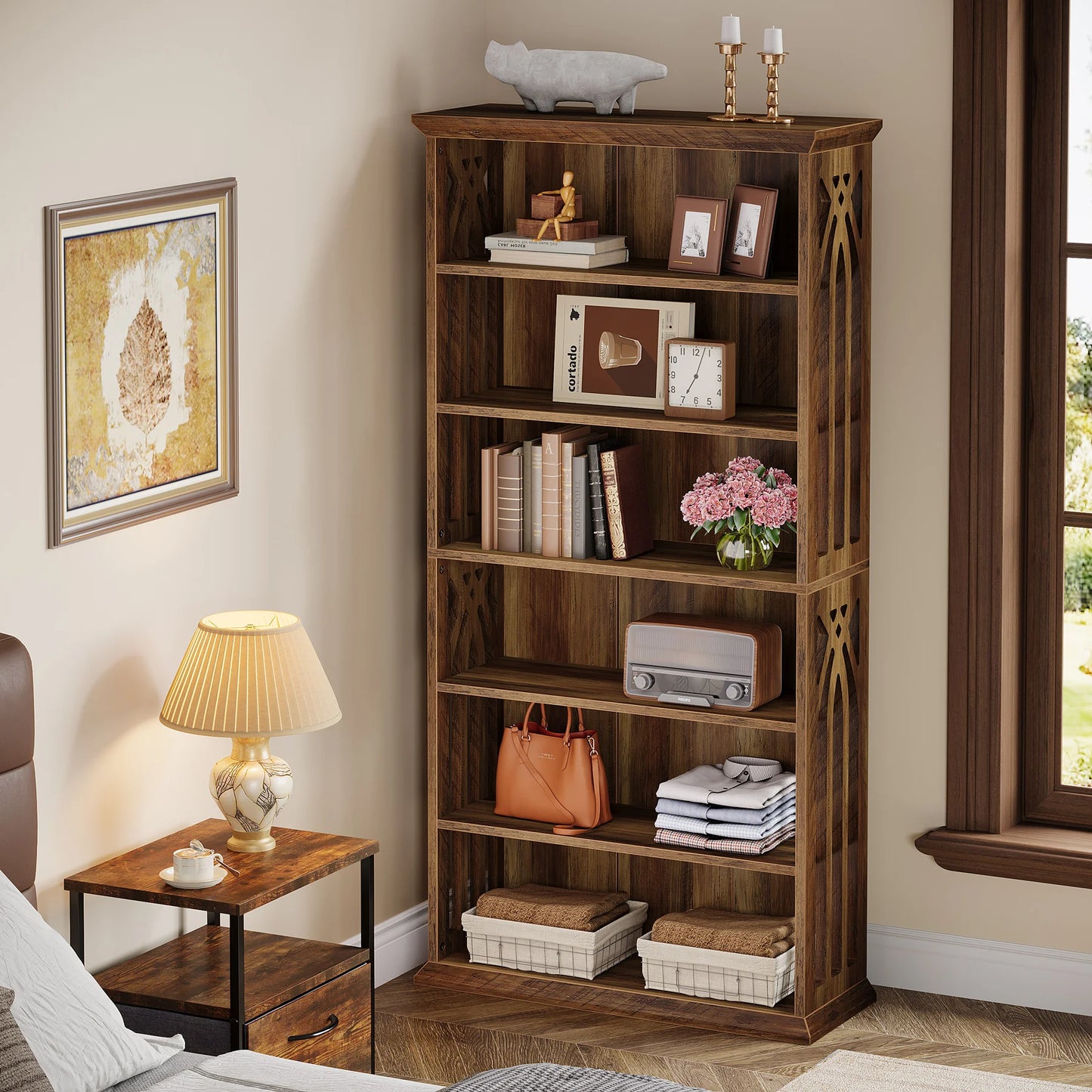 6-Tier Bookshelf, 75-Inch Tall Bookcase, Large Bookshelves and Bookcases Freestanding Display Shelves, Wood Bookshelf