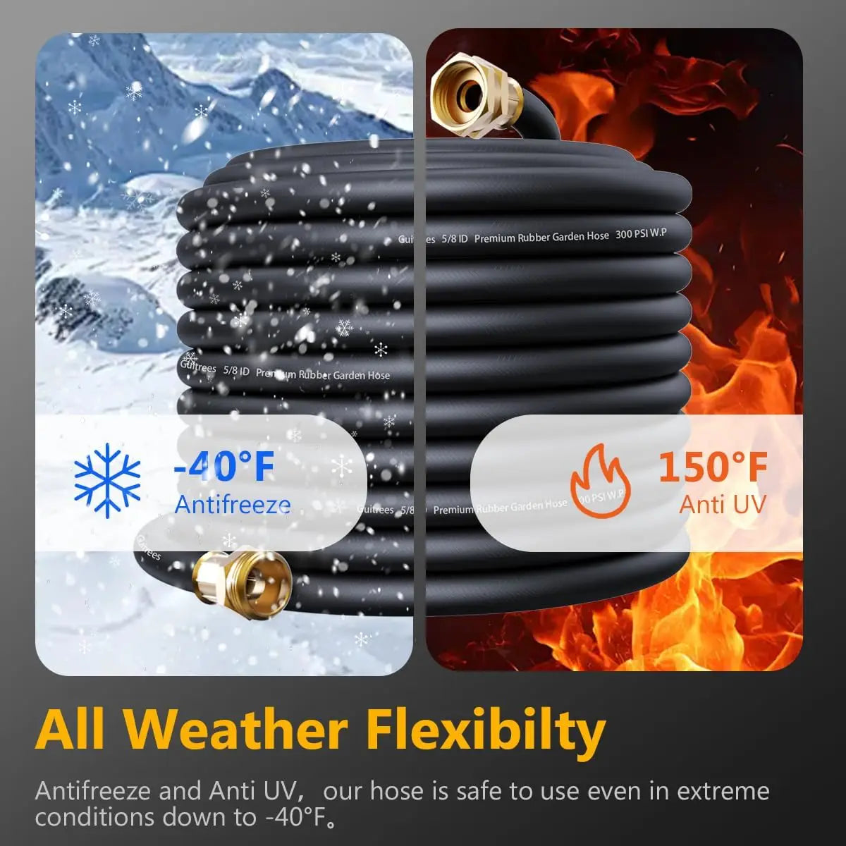 50FT 5/8 Heavy Duty Rubber Garden Hose, 300psi Working, Hot/Cold Water, Durable for Gardening & Construction