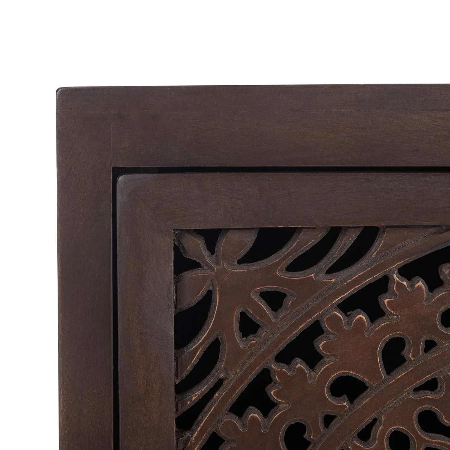 Carved Mango Wood Single Door Nightstand Brown Artisan Bedroom Side Table, Customized