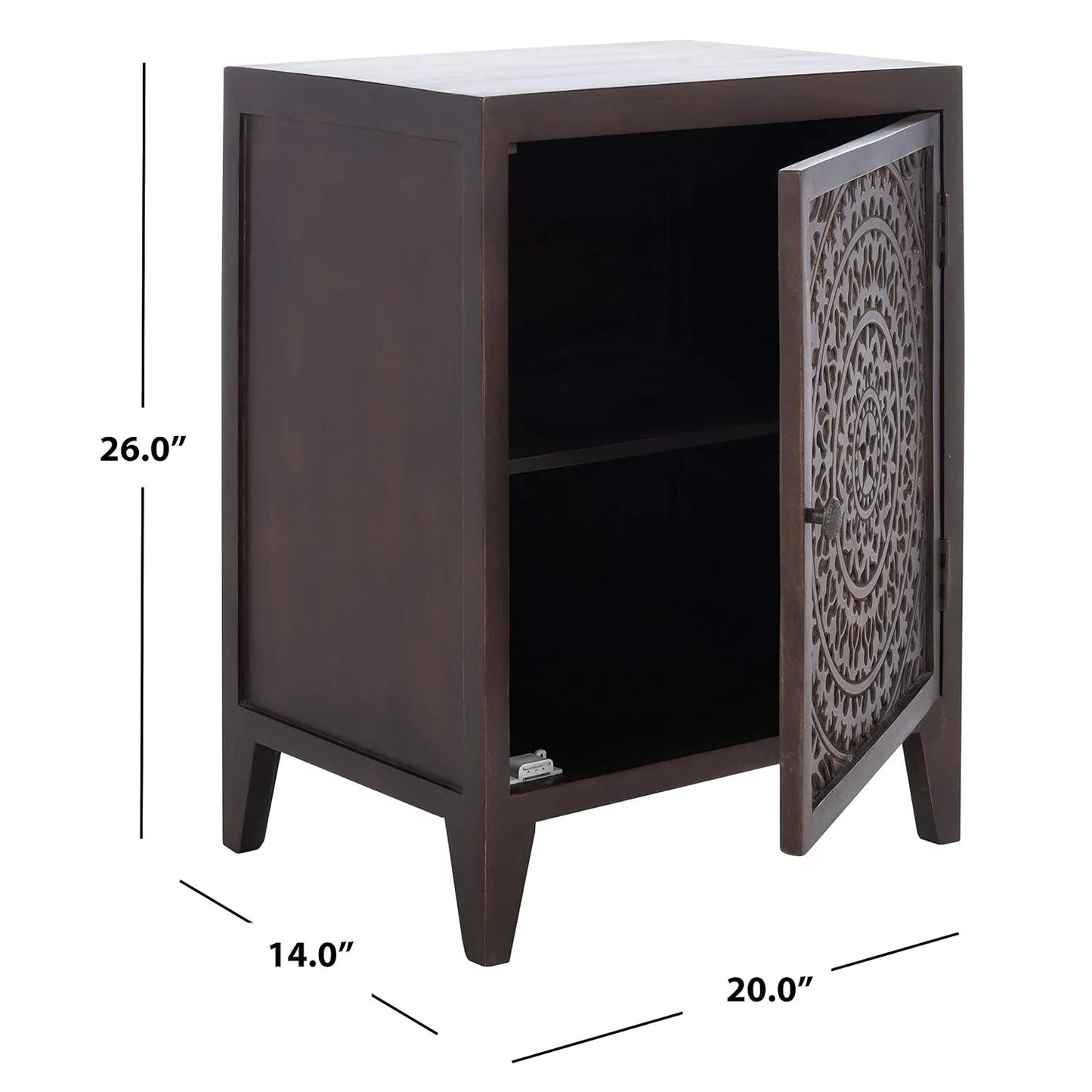 Carved Mango Wood Single Door Nightstand Brown Artisan Bedroom Side Table, Customized
