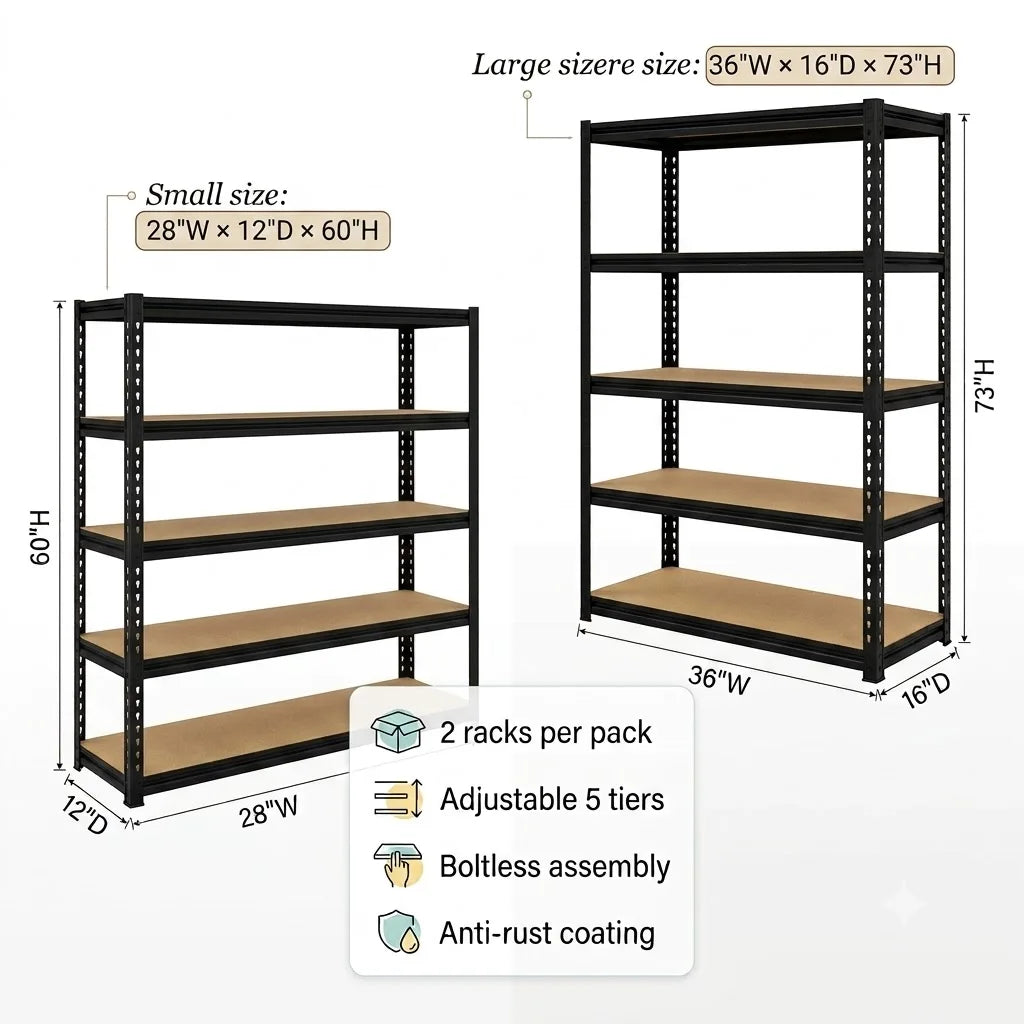 2 Pack Heavy Duty 5 Tier Storage Shelving Unit, Boltless Adjustable Metal Frame Wood Deck Storage Rack, 2 Sizes Available, Garage Basement Warehouse Organizer Rack